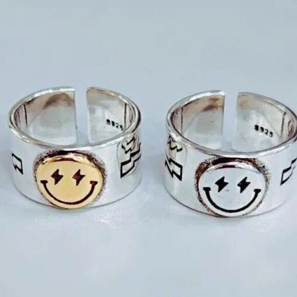 925 Sterling Smiley Happy Face Boho Ring (Silver Face) #1317 - Picture 6 of 10